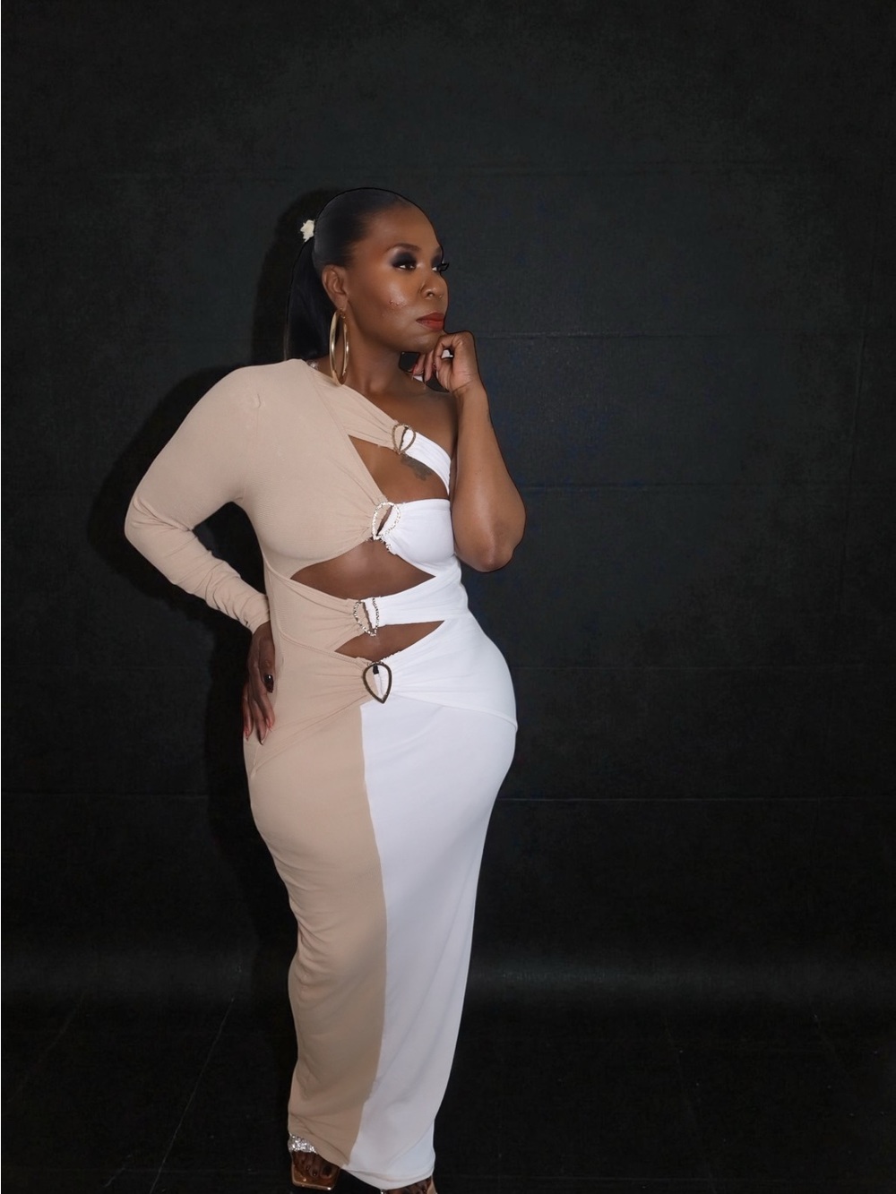 Two-Tone Cutout Maxi Dress in Beige and White